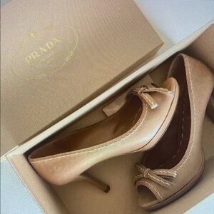 Prada Leather Bow Peep-Toe Pumps